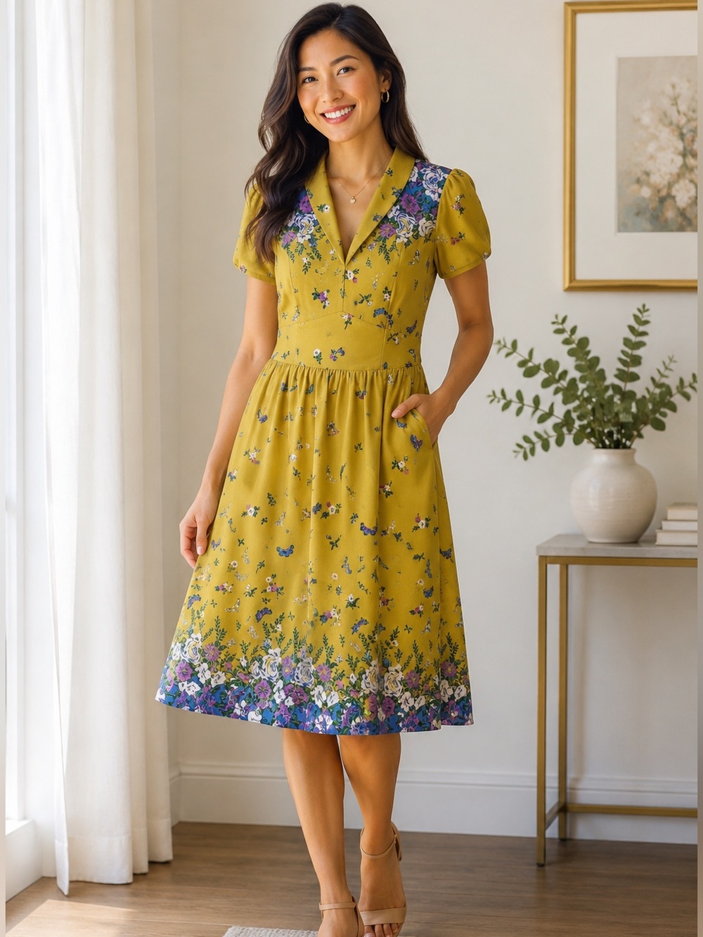 ModCloth Yellow Floral Dress with Purple Accents